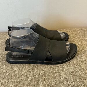 Sorel Women’s Black Leather Slingback Flat Sandala Size 8.5